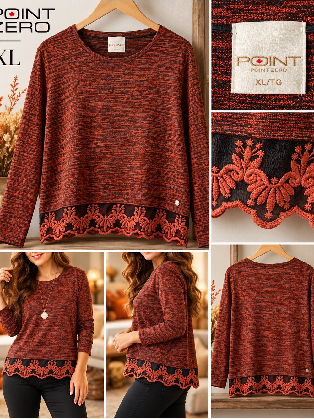 Title: Point Zero Rust Orange Black Lace Hem Boho Top XL